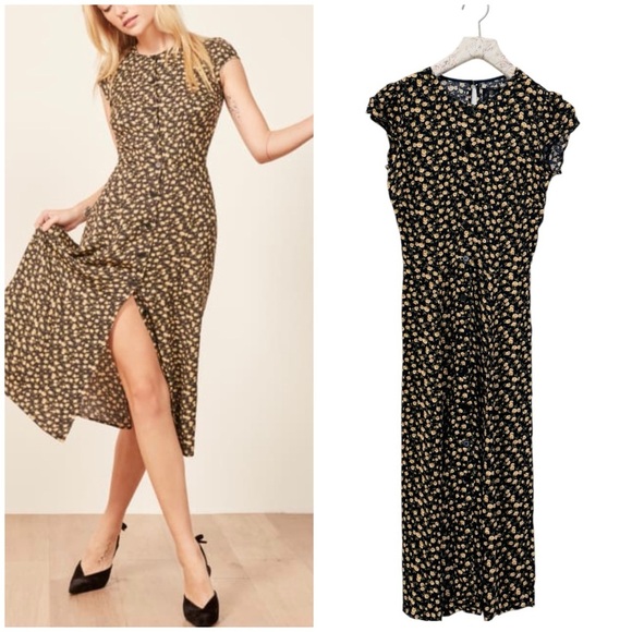 Reformation yellow black floral cap sleeve midi dress NEW - Picture 1 of 14